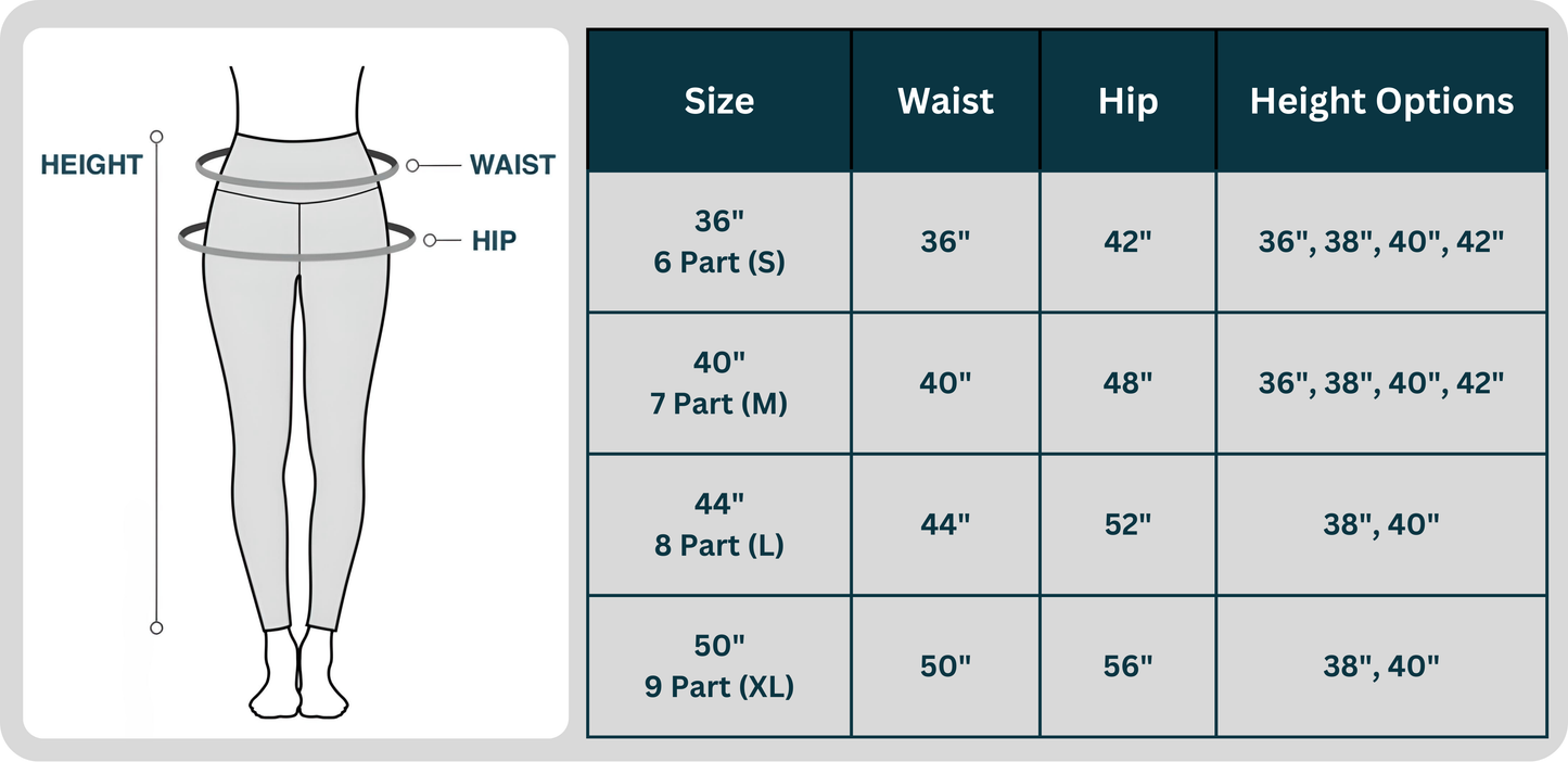 Size chart with waist, hip, and height options