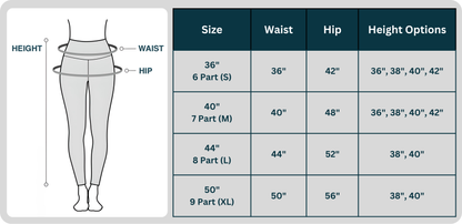 Size chart with waist, hip, and height options